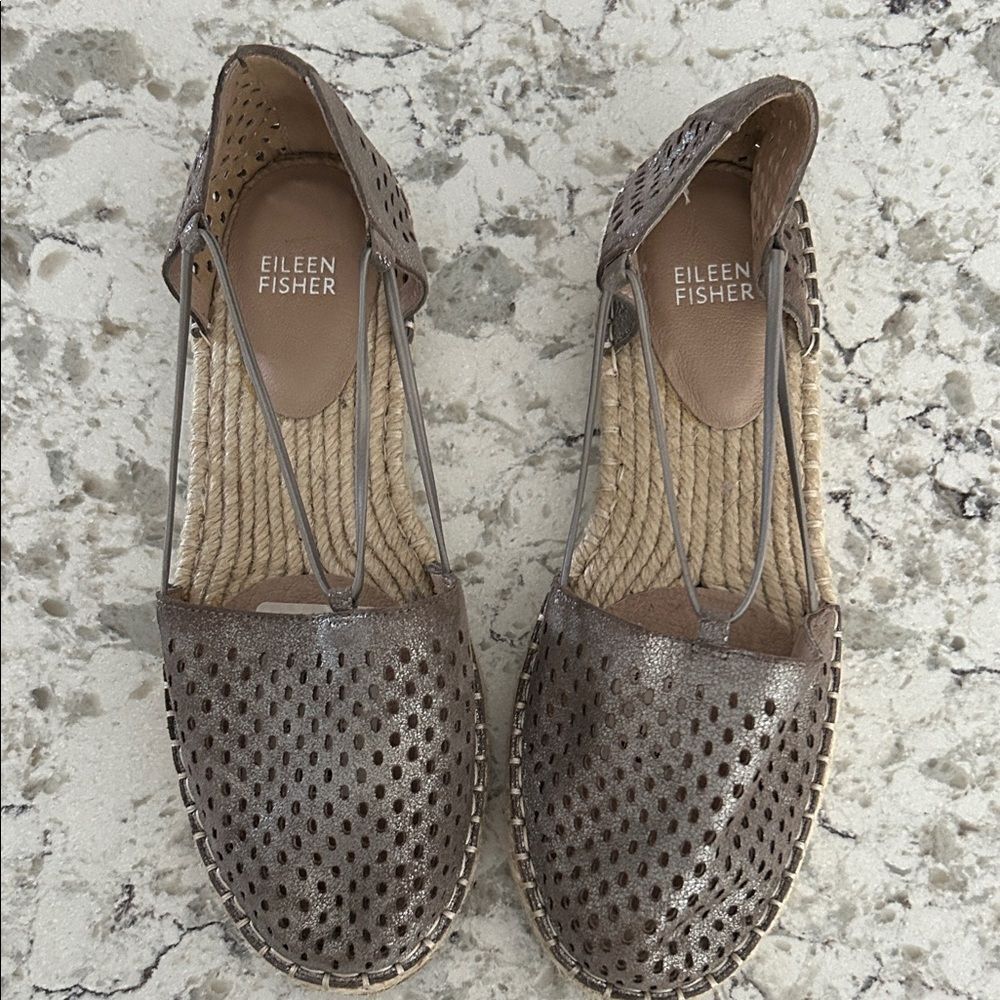 Eileen Fisher Lee2 Metallic Brown Perforated Leather Espadrilles Size 8